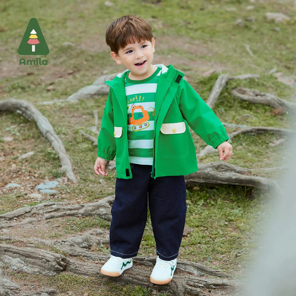 Amila Baby Boys&lsquo; Jacket Spring New Solid Color Waterproof Breathable Cute Little Dinosaur Hooded Coat