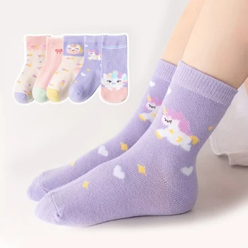 5 Pairs Girls Unicorn Socks – Cute Bow Mid-Calf Cotton Kids Socks 1