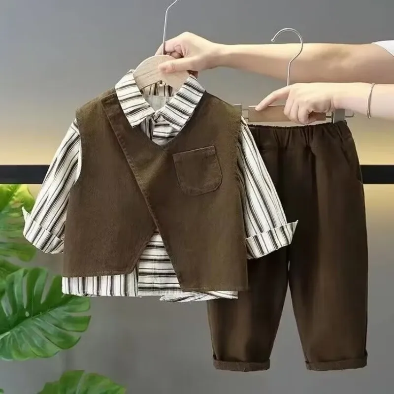 Children's Clothing Set Spring and Autumn New Korean Boys' Baby Shirt+Pants +Vest 3Piece Set Kids Casual Set