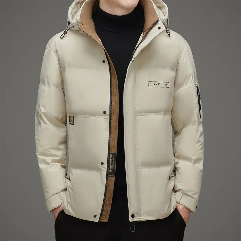 thumbnail image 1 of Chaqueta corta de invierno para hombre con capucha y relleno de plumón de pato de lujo extraíble, chaqueta acolchada de marca de invierno para hombre, abrigo para el frío, 1 of 5