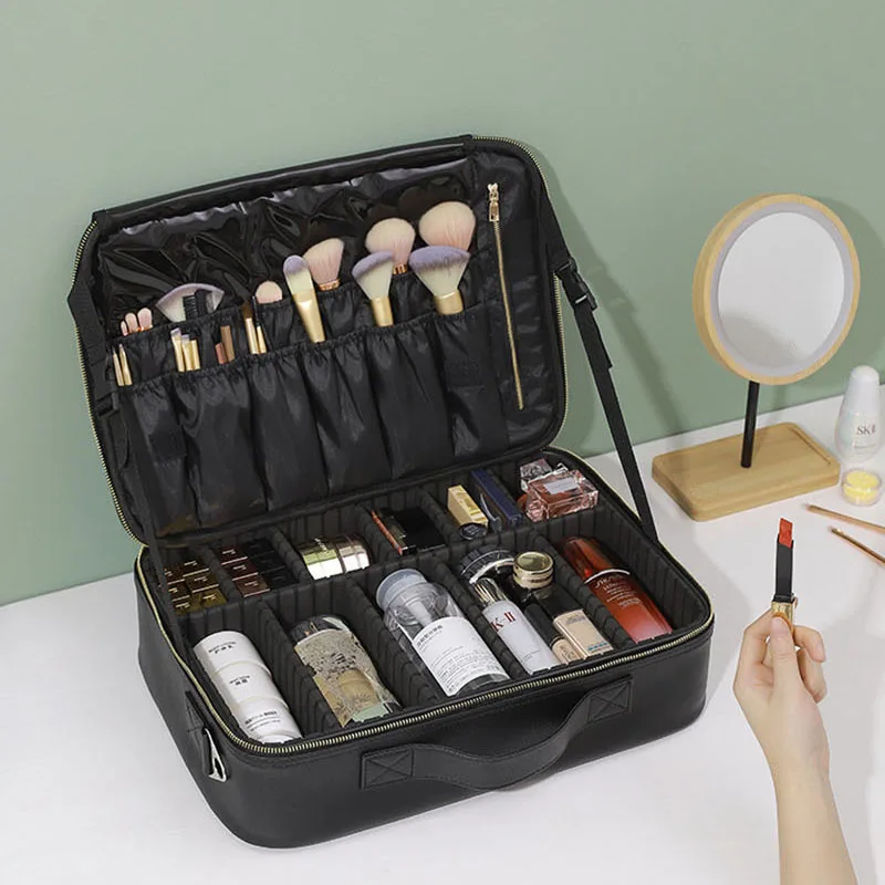 Professional Cosmetic Bag for Women Leather Travel Makeup Case Female Large Capacity Beauty Tool Makeup Brush Artist Make Up Box 2