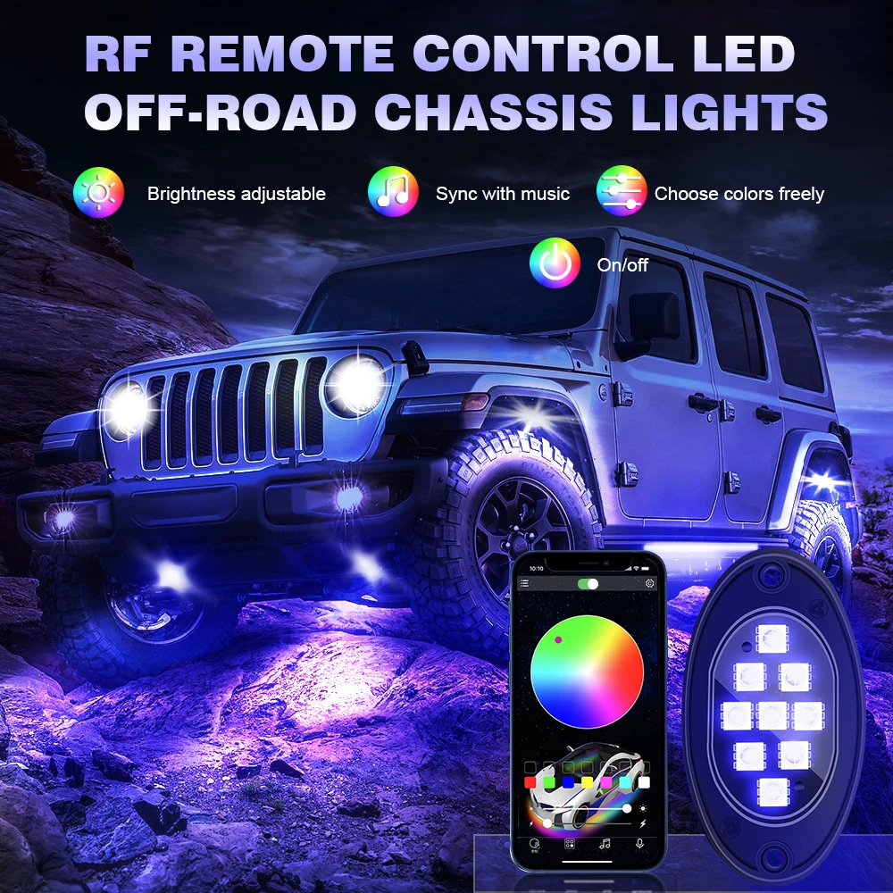 4/8X APP RGB 12V RGB Atmosphere Lights Car Chassis Undergolw Decorative Ambient Lamps LED Smart For Boat Jeep Off Road 4x4 Truck