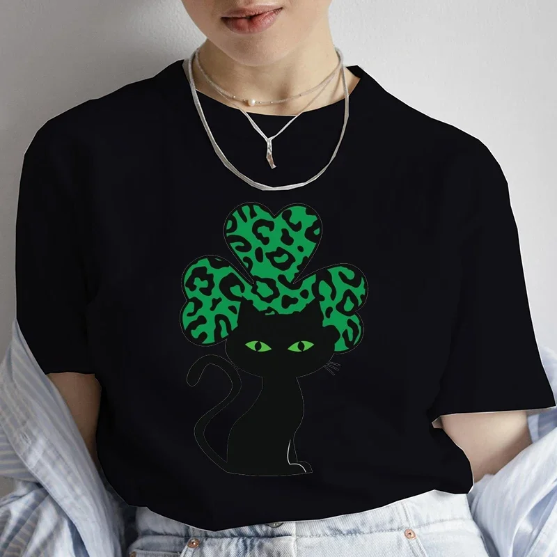 

Women's T-shirt Black Cat Shamrock Print Tshirts Short Sleeve Tees Fashion Leisure Ladies Trend Hip Hop Streetwear cotton
