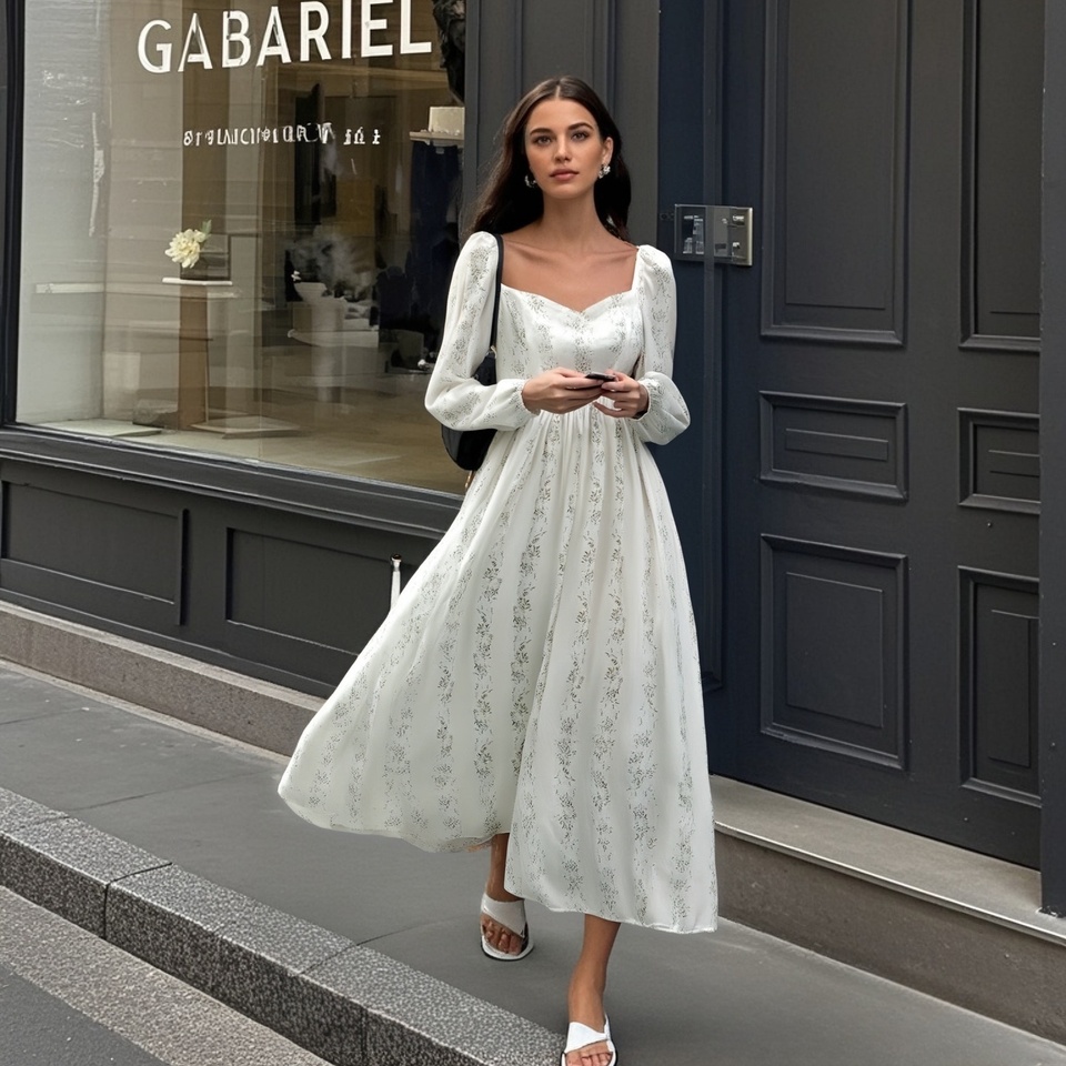 PB&ZA 2025 Women's White Midi Dress with Square Neckline Puff Long Sleeves Delicate Green Floral Print and Shirred Bodice