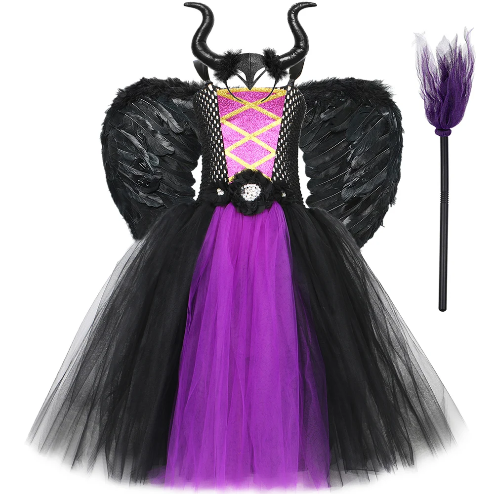 

Witch Halloween Costume for Kids Carnival Party Clothes Malefice Evil Queen Cosplay Dresses Black Purple Girls Fancy Tutu Dress
