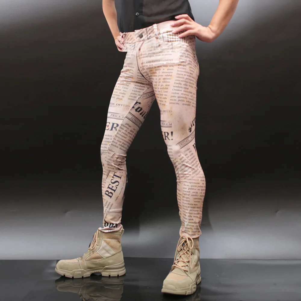 Men Sexy Retro Letter Print Trousers High Elastic Casual Skinny Pants Slim Stylish