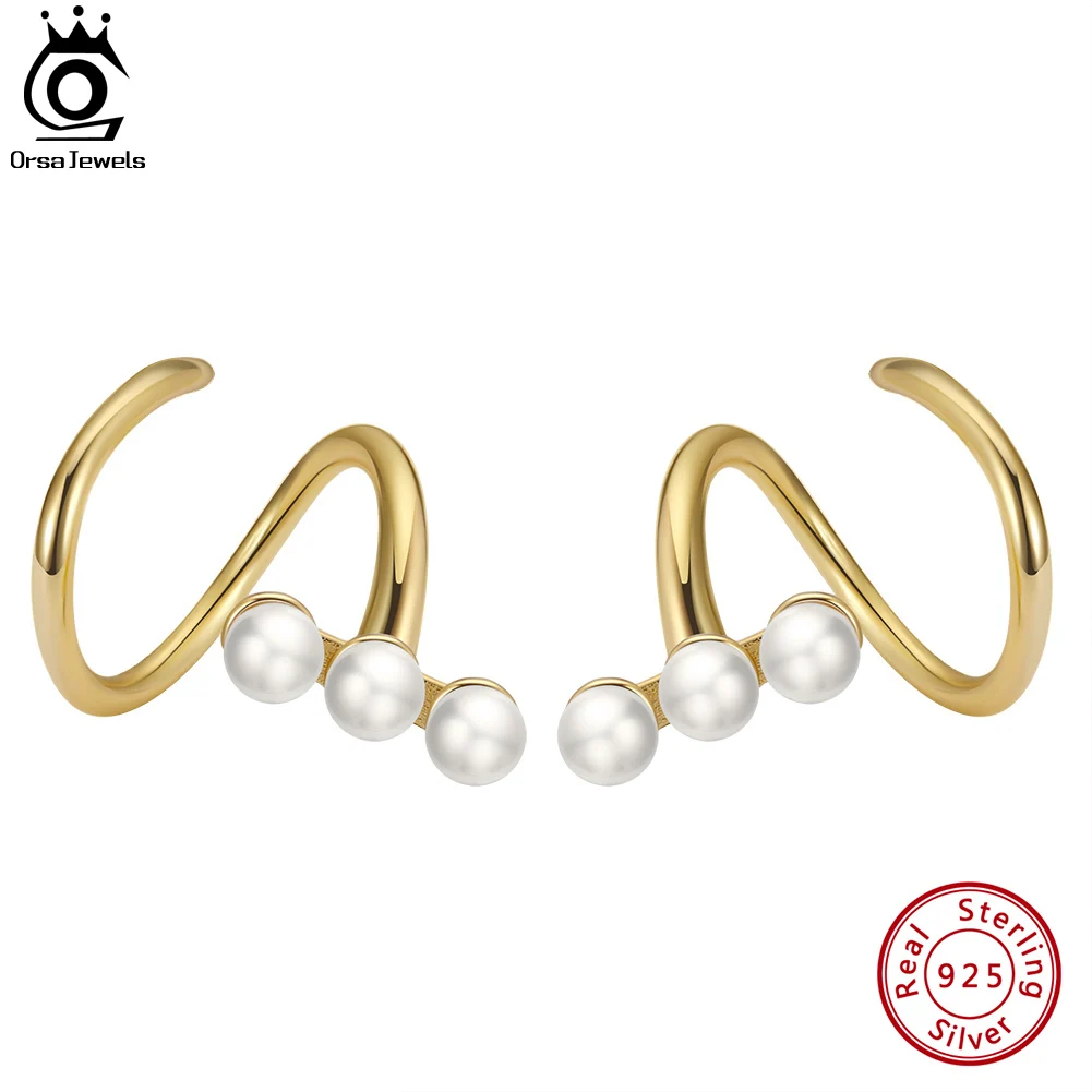 

ORSA JEWELS 925 Sterling Silver 14K Gold Geometry Pearl Earrings with 3 Pieces Freshwater Baroque Pearl for Women Jewelry GPE38