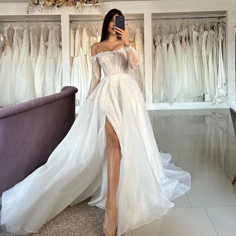 

Off The Shoulder Wedding Dress Organza With Embroidery Lace Slit A Line Ball Gown Boat Neck Full Sleeve Bride Vestido De Novia