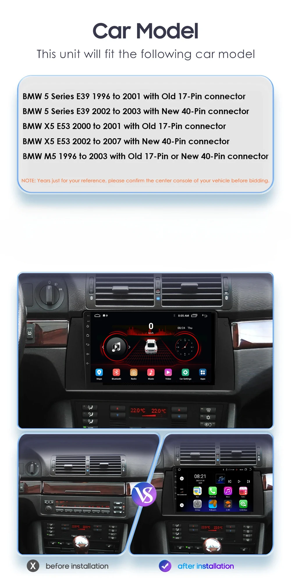 BMW 차량용 스테레오 라디오 멀티미디어 플레이어, 무선 카플레이, 안드로이드, 자동 DSP, RDS, AHD, 9 인치, 1995 2003, E39, E38, X5, E53, M5 용