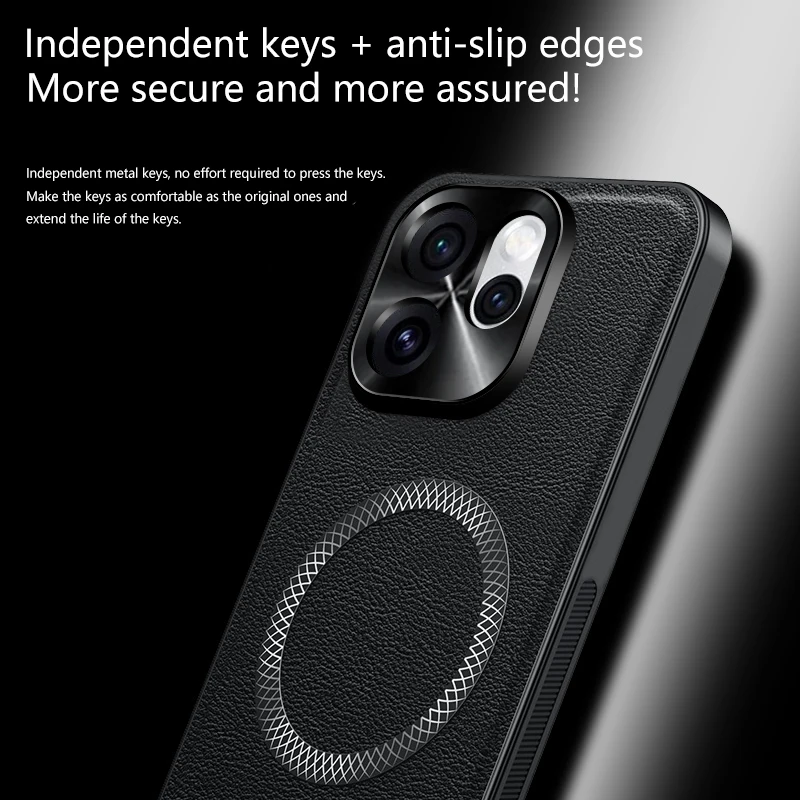 Luxury Leather Case with Magnetic Metal Ring, Anti-Drop & Anti-Fingerprint Protection