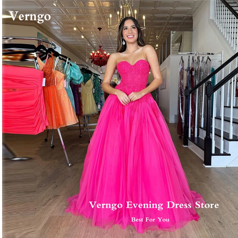 

Verngo Fuschia Tulle Long Prom Dresses Sweetheart Applique Lace Fitted Bodice Lady Party Evening Gowns Hot Pink Formal Occasion