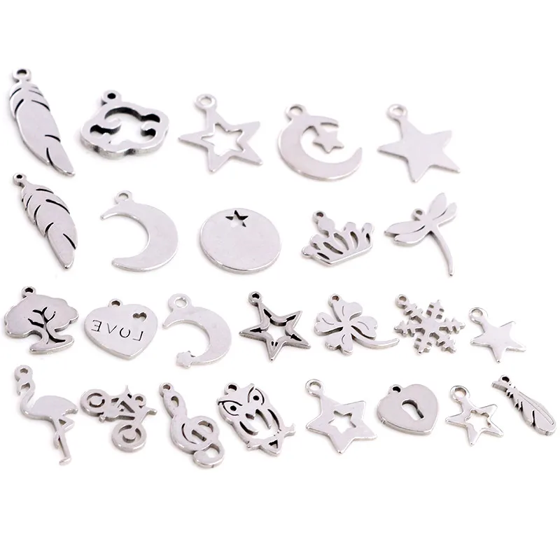 Stainless Steel Charms Jewelry Charms Star Charms Alloy Heart Charms Metal Charm 30pcs/lot No Fade 316 Stainless Steel Feather Leaf Moon Star Heart For Necklace Pendant DIY Jewelry Making