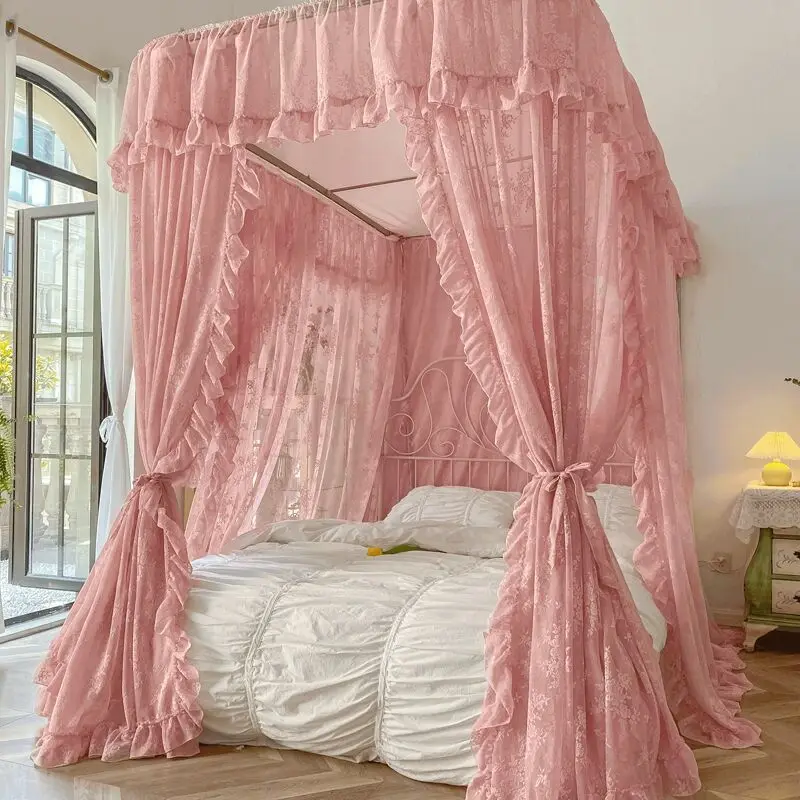 

Three Door Princess Lace Bed Valance Windproof Blackout Bed Curtain U -Shape Rail Mosquito Net Double Bed Bedroom Decoration