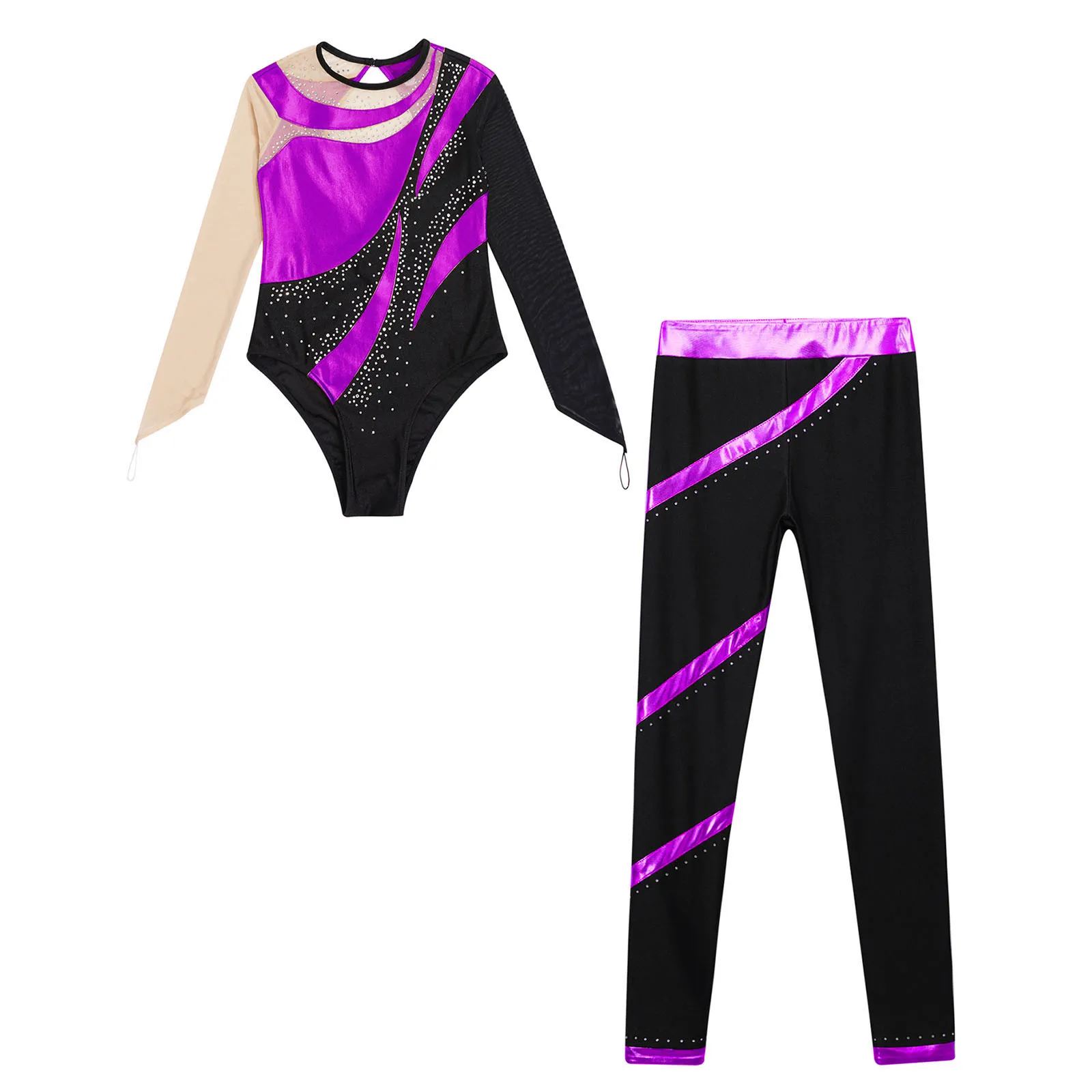 Kids Ballet Dance Outfits Gymnastics Leotard for Girls Shiny Long Sleeve Figure Skating Bodysuit with Pants 6-16 Dancewear Sets