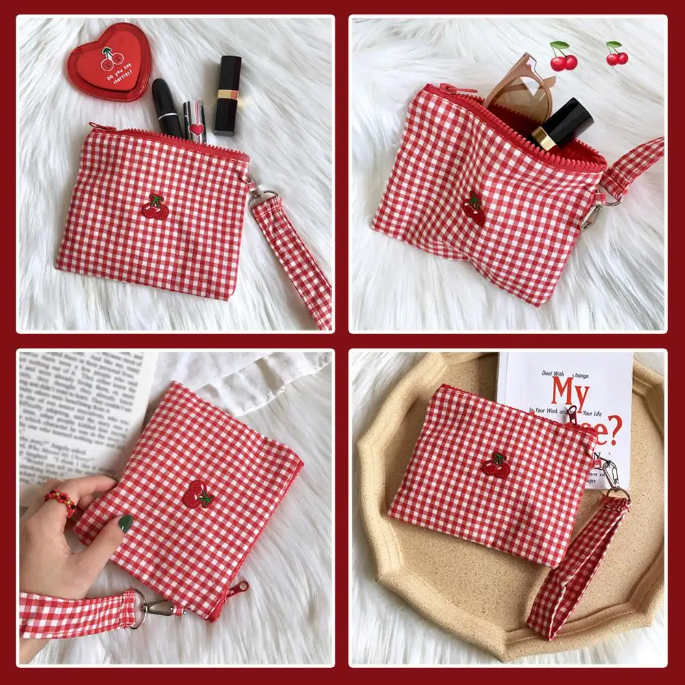 Red cherry canvas makeup bag Red plaid portable Large Capacity cosmetic lipstick storage bag Travel Toiletry Handbag Pouch