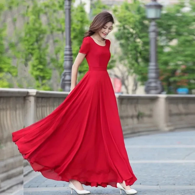 

Summer Chic Long Dresses Women's 2024 New Chiffon Beach Dress Fashion Slimming Big Swing Slim Ultra-Long Seaside Holiday Dress