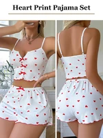 Ensemble de pyjama sexy à imprimé cœur pour femmes, vêtements de nuit en soie, col en V sans manches, haut décontracté et short, vêtements de détente 5