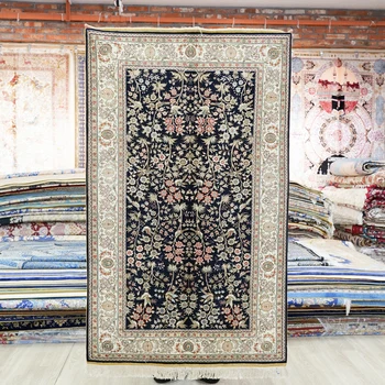91x152cm Hand Knotted Silk Carpet Black All Over Tapestry Handmade Area Rug (TJ647A)