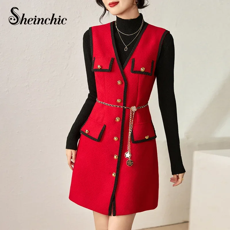

New Year Clothes 2024 Elegant V-neck Sleeveless Red Wool Dress and Knitted Sweater 2 Piece Sets Women Outfit