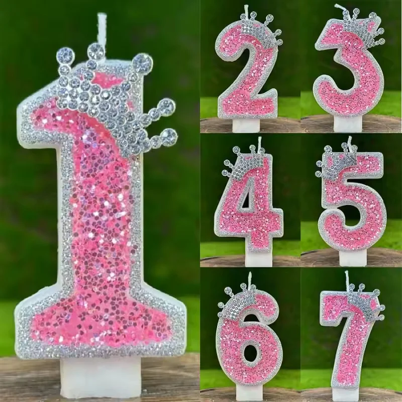 0-9 Pink Number crown Birthday candle With Drip-Prevention Tray Party Anniversary Cake Decoration