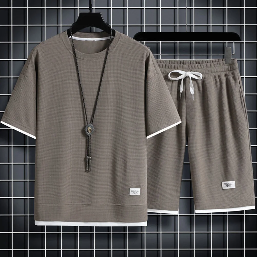 

Men's Waffle Sets Casual T-Shirt And Shorts Set Male Sports Suit