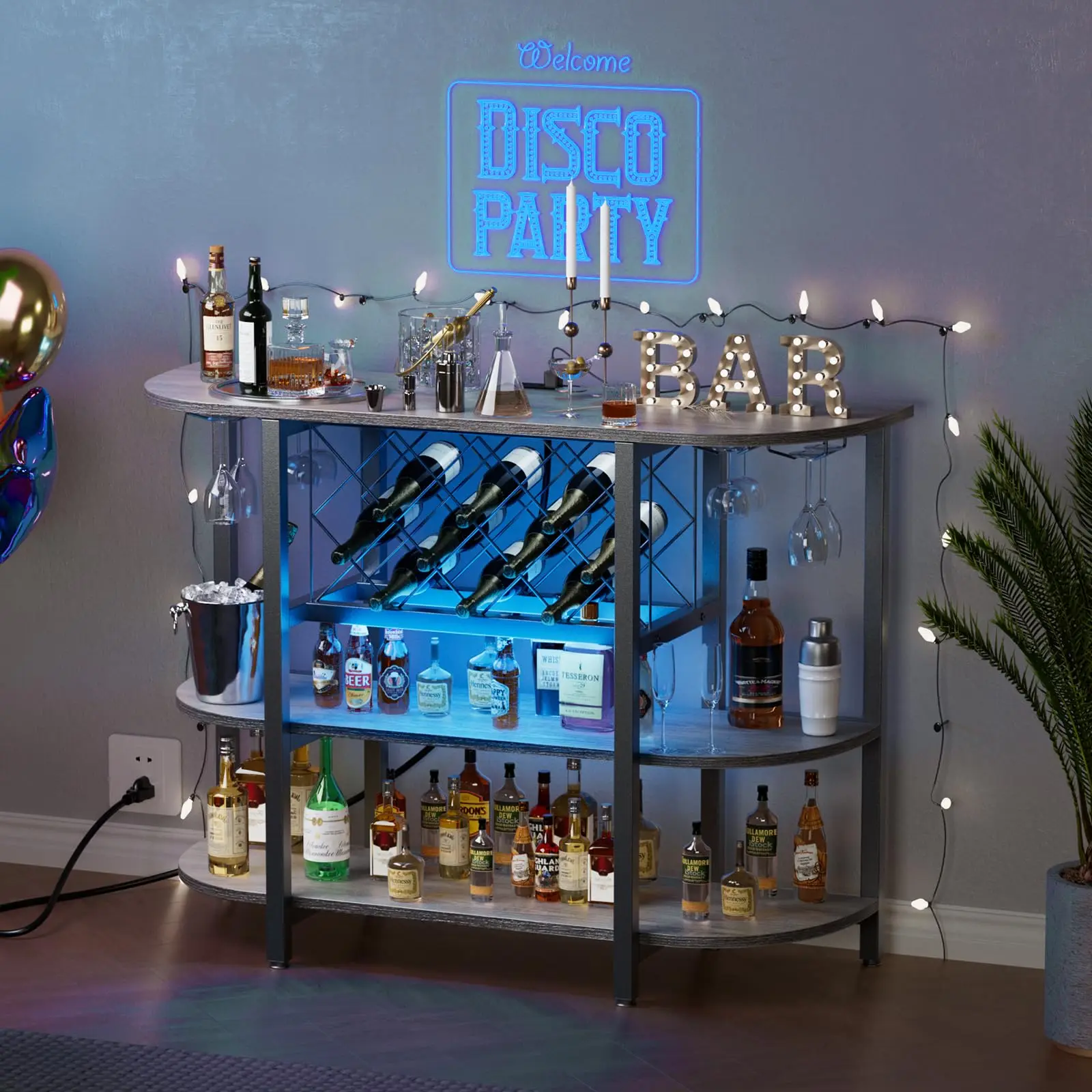 Bar cabinet with storage shelves and racks