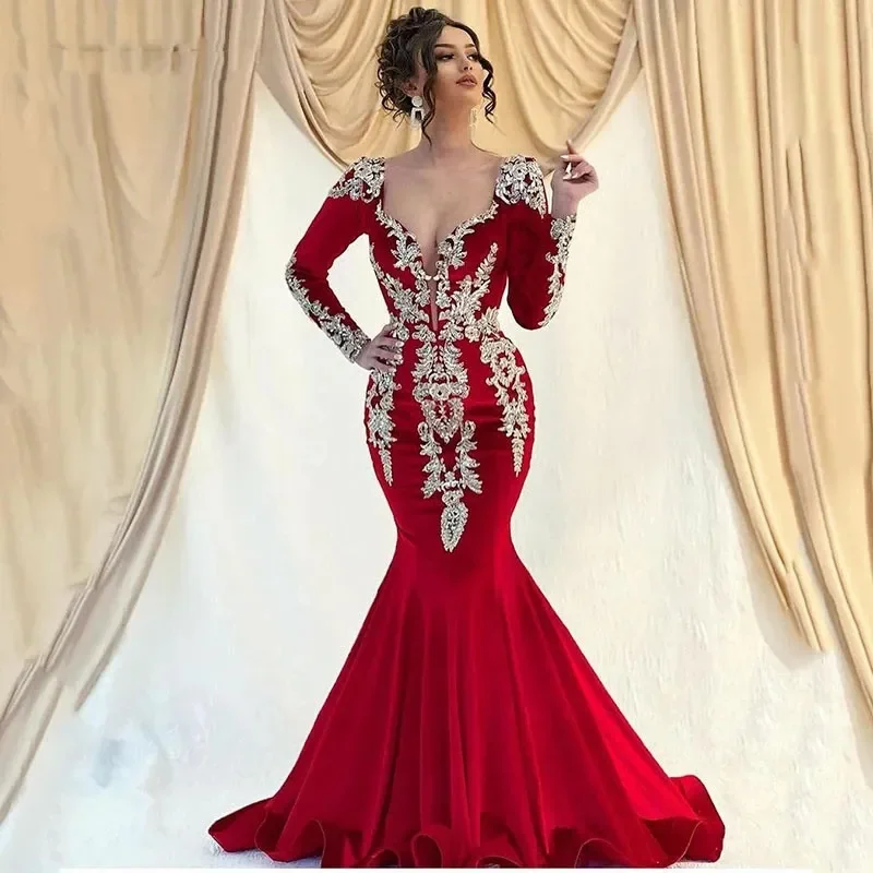 

Burgundy Velvet Mermaid Luxury Evening gown Sexy V-neck long sleeve lace applique plus size formal party celebration custom gown