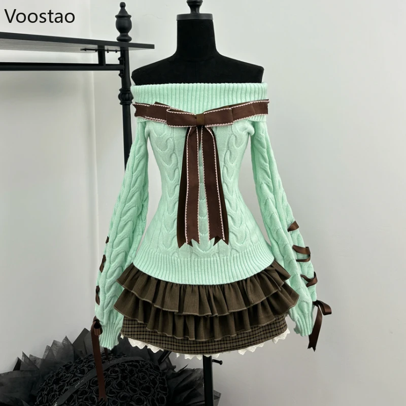 ชุดเสื้อผ้าสไตล์หวาน Kawaii Lolita 2 ชิ้น คอถัก กระโปรง Mini Cake