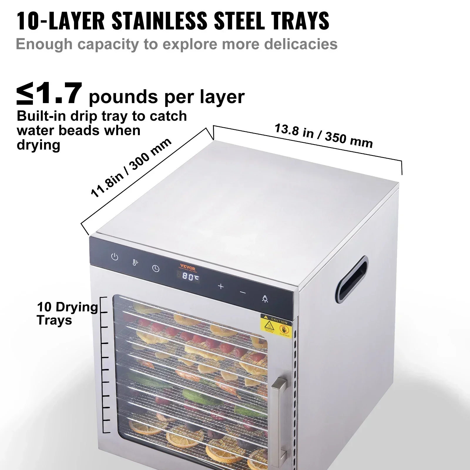 VEVOR 10 Trays Food Dehydrator Stainless Steel Machine 800W/1000W Household Vegetables Fruit Dryer with Digital Timer for Home