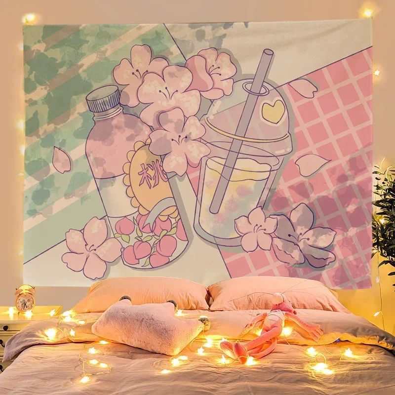 

Ins Pink Girl Peach Blossom Tapestry Cute Ice Cream Camera Kawaii Room Decor Dorm Bedroom Decoration Aesthetic Fabric Background