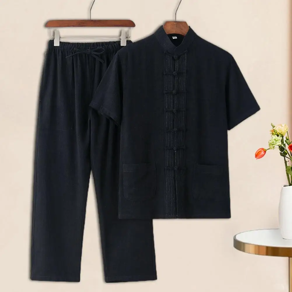 Retro Chinese Style Men Top Pants Suit Stand Collar Short Sleeve Top Pleated Drawstring Elastic Waist Wide Leg Trousers Set