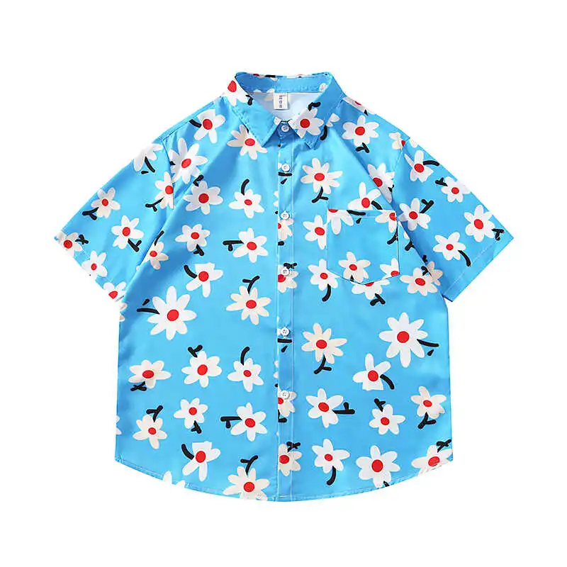 Description Picture 2 of itemMen Women Hawaiian Floral Print Short-sleeved Lapel Shirts Trendy Summer Beach Seaside Vacation Style Loose Casual Blouse Tops