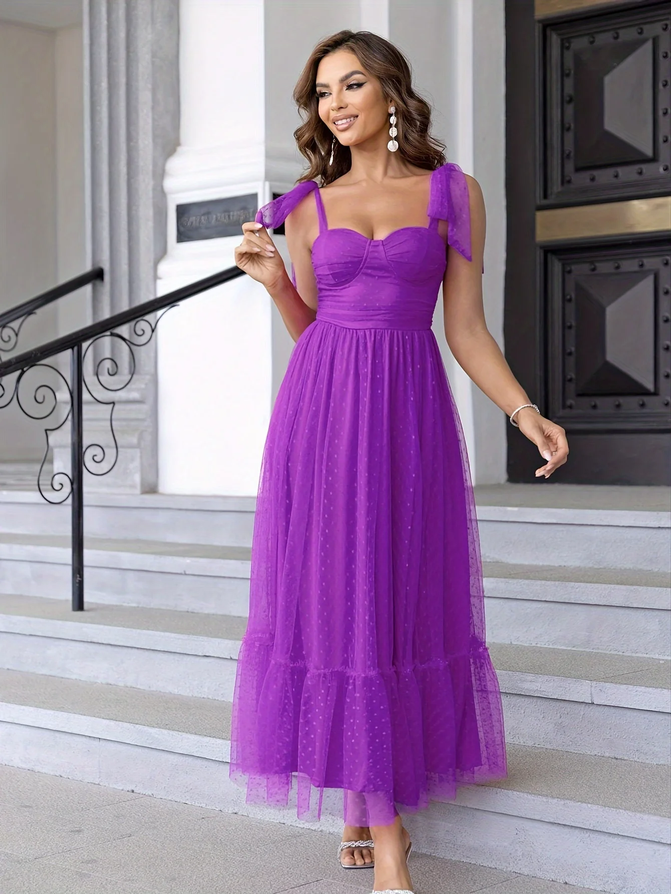 

Teen's Bow Spaghetti Straps Evening Dresses Dot Tulle Sweetheart A-line Backless Pleats Bridesmaid Dress Simple Prom Gowns 2024