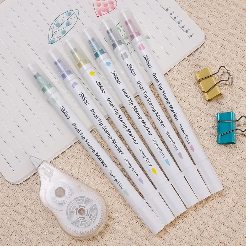 Quick Dry Seal Double-ended Highlighter Marker Watercolor Pen Graffiti Pen Kawai Korean Stationery School Office Supplies 6-1Pcs