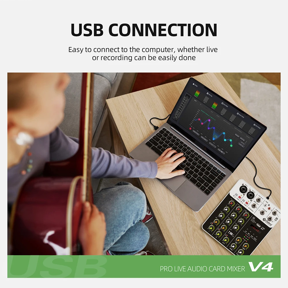 V4 사운드 믹싱 콘솔 블루투스 USB 레코드 컴퓨터, 팬텀 파워 딜레이, 반복 효과, 4 채널 USB 오디오 믹서, 48V