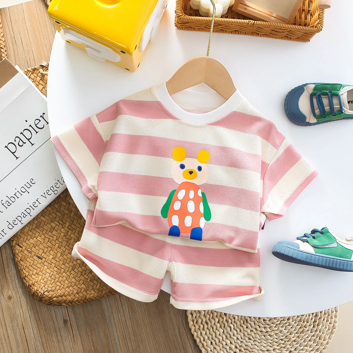 

0-5 year old baby girl set summer striped pullover casual sports two-piece children's clothing girl cartoon short sleeves