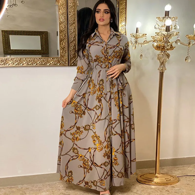 Muslim Dress Women Maxi Middle Eastern Print Lace-up Dress
