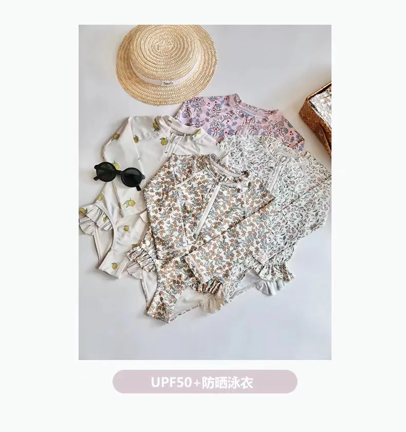 Flower Print Swimming Wear for Little Girls, Long Sleeved Swimsuits, UPF 50 + Sun Protection, High Quality