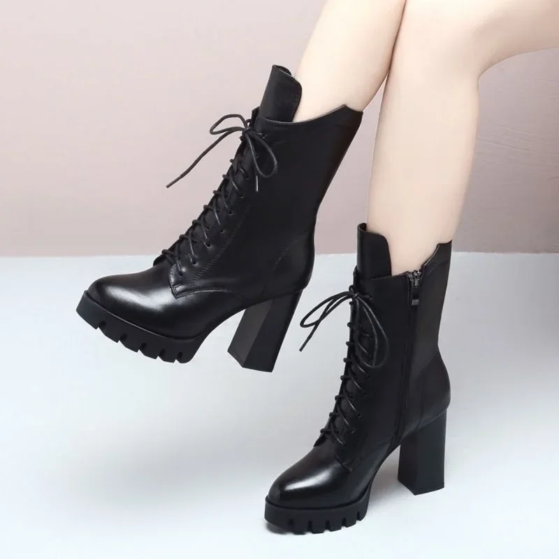 

Hot Sale 2024 Women Boots Pu Leather Lace Up Flat Biker Combat Black Boots Shoes Zipper Woman Botas Boots Mujer Size 34-40 E412