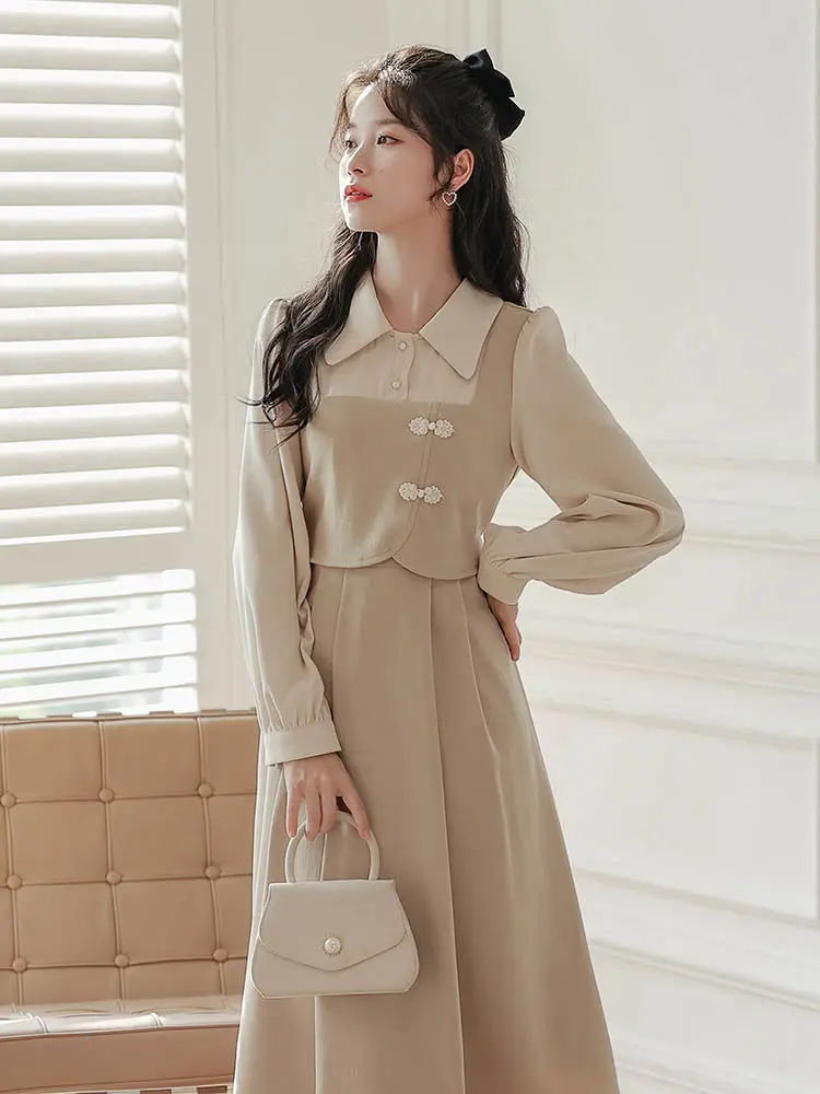 

Long Sleeves Dresses Autumn Winter 2023 Vintage Fake Two Piece Women's Evening Dress Elegant Casual Prom Womens Skirt Party Maxi