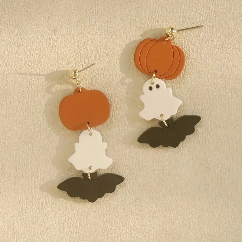 Halloween Ghost Bat Pumpkin Design Long Dangle Earrings for Women Cute Style Acrylic Trendy Party Jewelry Gifts