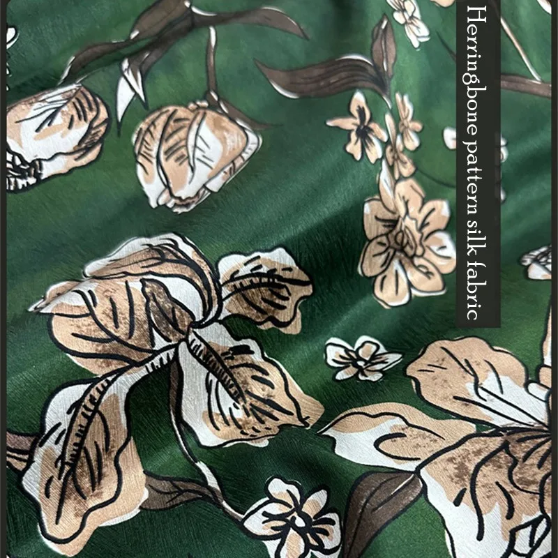 High End Dark Green Plant Flower Printed Heavy Herringbone Pattern Silk Fabric High-end Handmade DIY Hanfu Dress Sewing Material