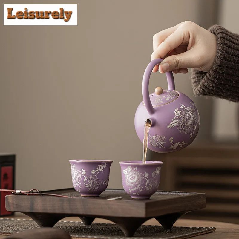 250ML Purple Ru Porcelain Gild Silver Peony Teapot Retro Tea Infuser Lifting Handle Pot Tea Maker Kettle With Strainer Teaset