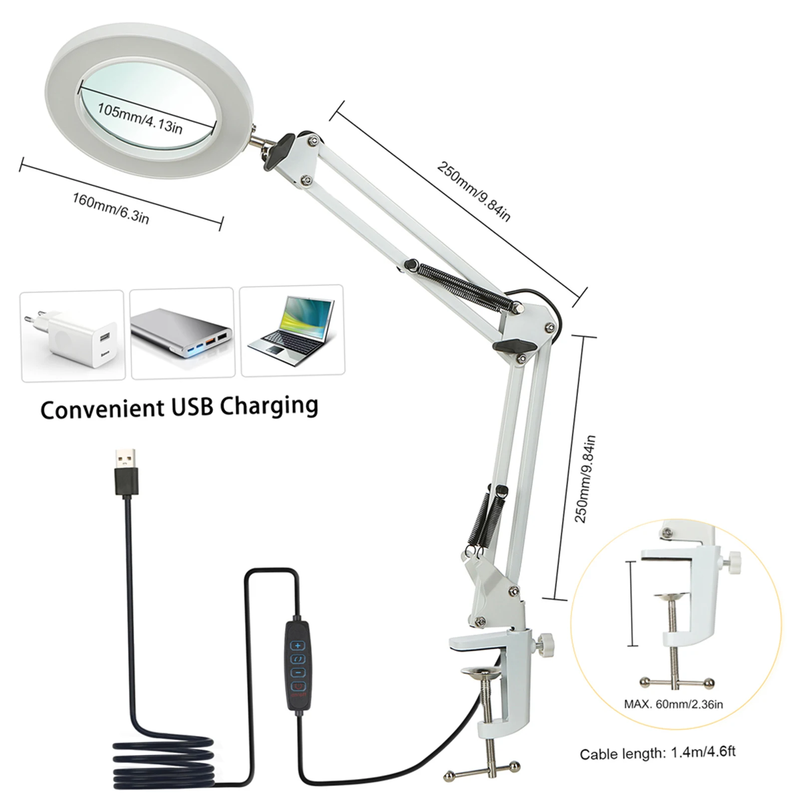 

Flexible Clamp-on Table Lamp Dimmable Illuminated Magnifier LEDs Desk Light with 8x Magnifier Glass Swing Arm 3 Color Modes Lamp