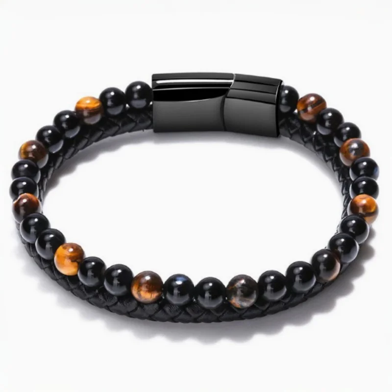 Pulsera trenzada de cuero con cuentas de piedras preciosas