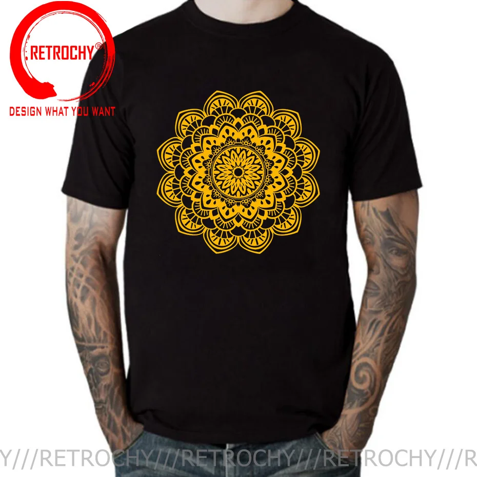 

Punk Men Tshirt Black Army Green T Shirt Mandala Fancy Golden Geometric T-shirts 100% Cotton O Neck Mens Tops Tee Vintage Design