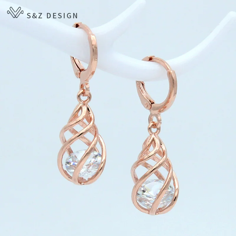 S&Z DESIGN New Trendy 585 Rose Gold Color Cubic Zirconia Spiral Hollow Water Drop Dangle Earrings For Women Gift Jewelry