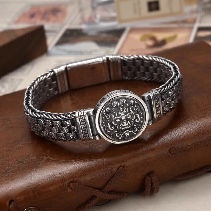 

Silver Color New Personalized Pixiu Rotating Bracelet Width 13.5 Men's Hand Accessories Trendy Heavy Industry Jewelry Luxury