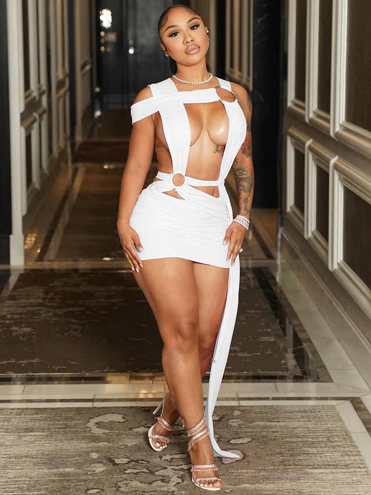 kliou Asymmetrical Sexy Hot Women Mini Dress Midnight Metal Splice Hollow Cleavage Cross Backless Bodycon Female Party Clubwear 4