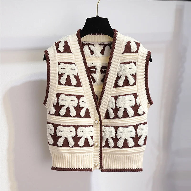 Women Sweater Dress Two Peice Suit 2023 Autumn Winter Knitted Print Vest+Round Neck Knee-Length Dress Outfits Korean Basic Set